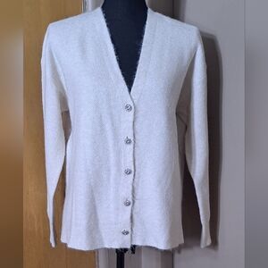 LOFT Cream V-neck Cardigan with Rhinestones Button Down Oversized Small NWT